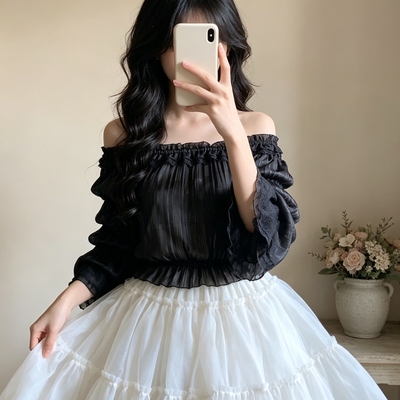 lolita内搭一字肩宫廷风黑色衬衫