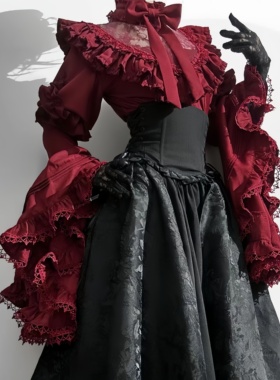 宫廷风暗黑系红色姬袖衬衫哥特修女风lolita长裙sk华丽优雅半身裙