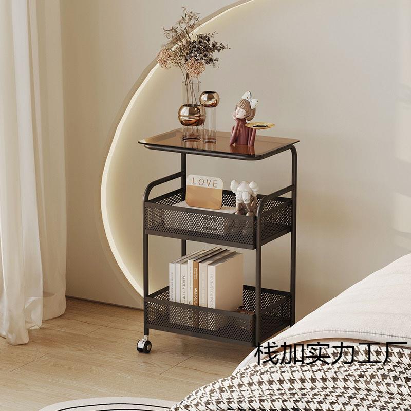 网红创意迷你置物推车玻璃沙发边柜奶油风床头边几卧室可移动客厅