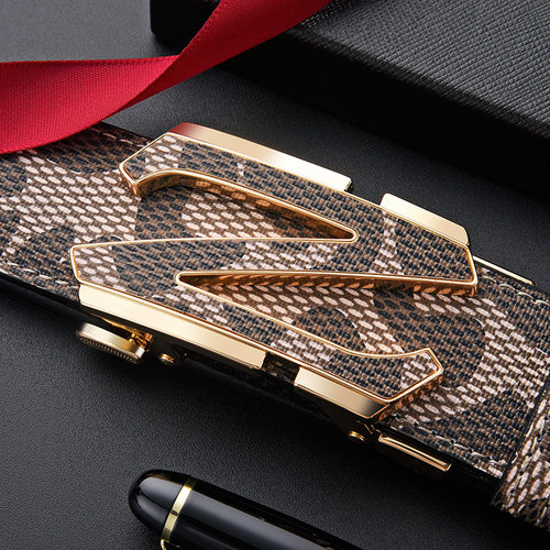 男字母真皮合金自动扣休闲潮皮带