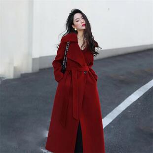 新年战袍红色双面羊毛大衣女秋冬新款韩版宽松复古赫本风毛呢外套