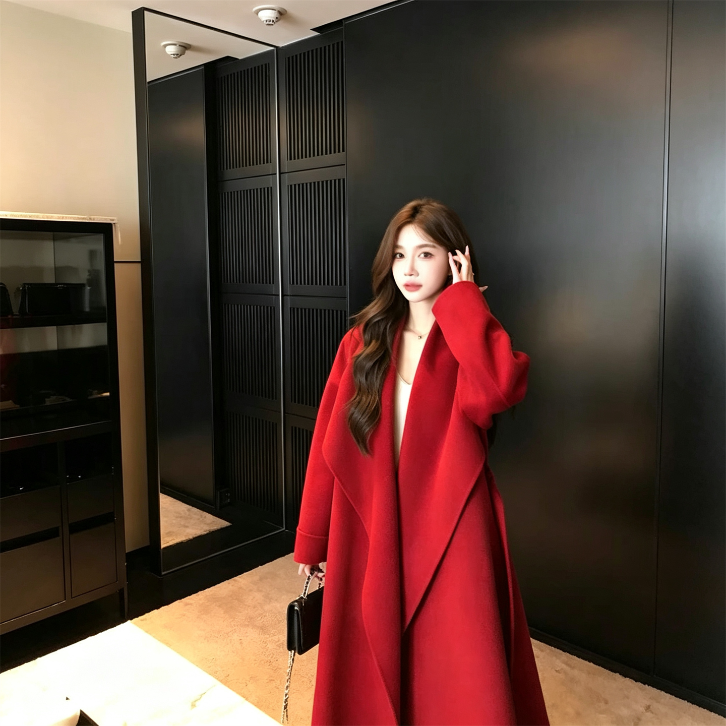 红色双面羊绒大衣女秋冬新款中长款慵懒风高级结婚新娘羊毛呢外套