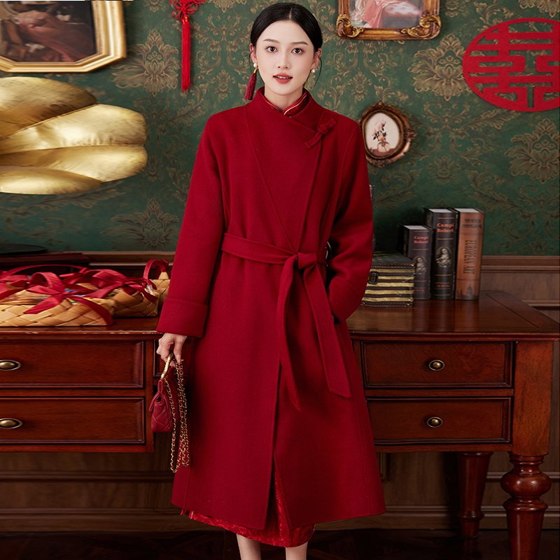 新中式国风盘扣红色双面羊绒大衣女中长款秋冬高级感大牌羊毛外套