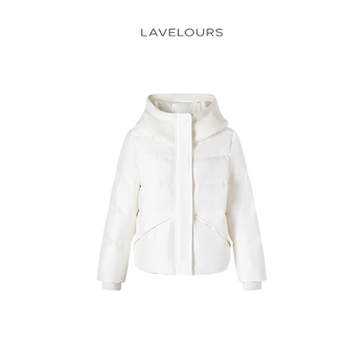 LAVELOURS 新款针织连帽拼接白鹅绒羽绒服真丝羊毛羽绒外套女