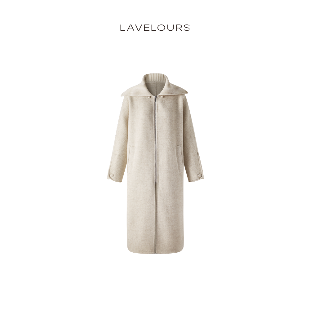 LAVELOURS 高支澳毛山羊绒混纺大衣 针织领长款拉链双面呢大衣