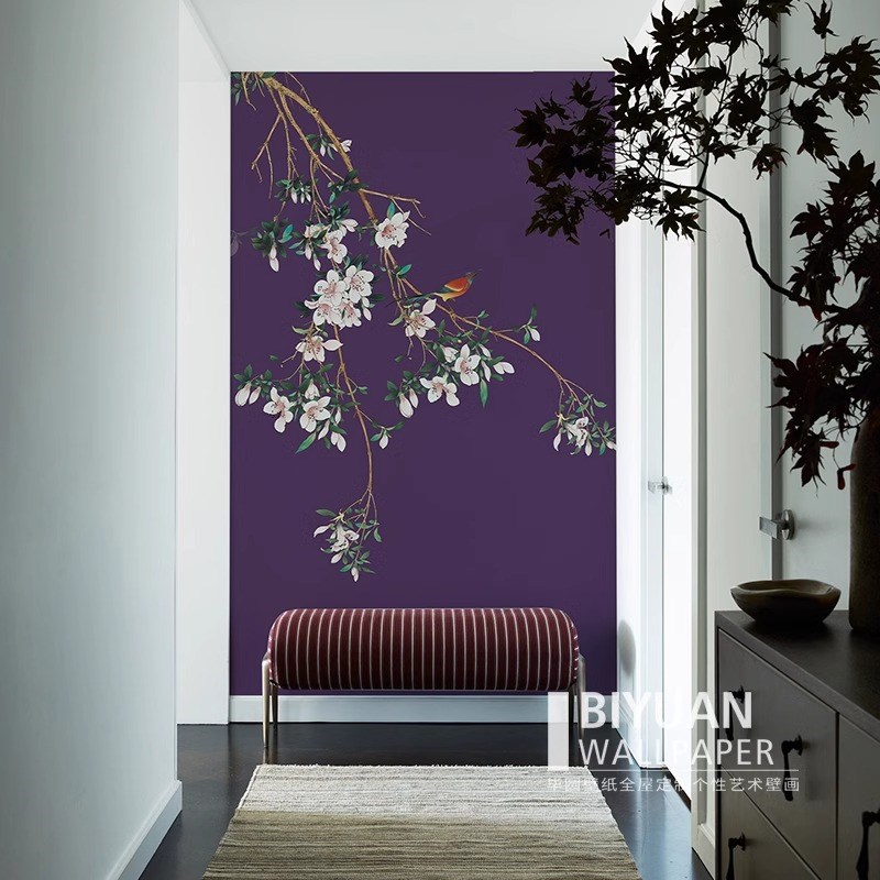 壁纸定制中式玉兰花鸟墙布书房卧室床头壁画壁布客厅电视背景墙纸