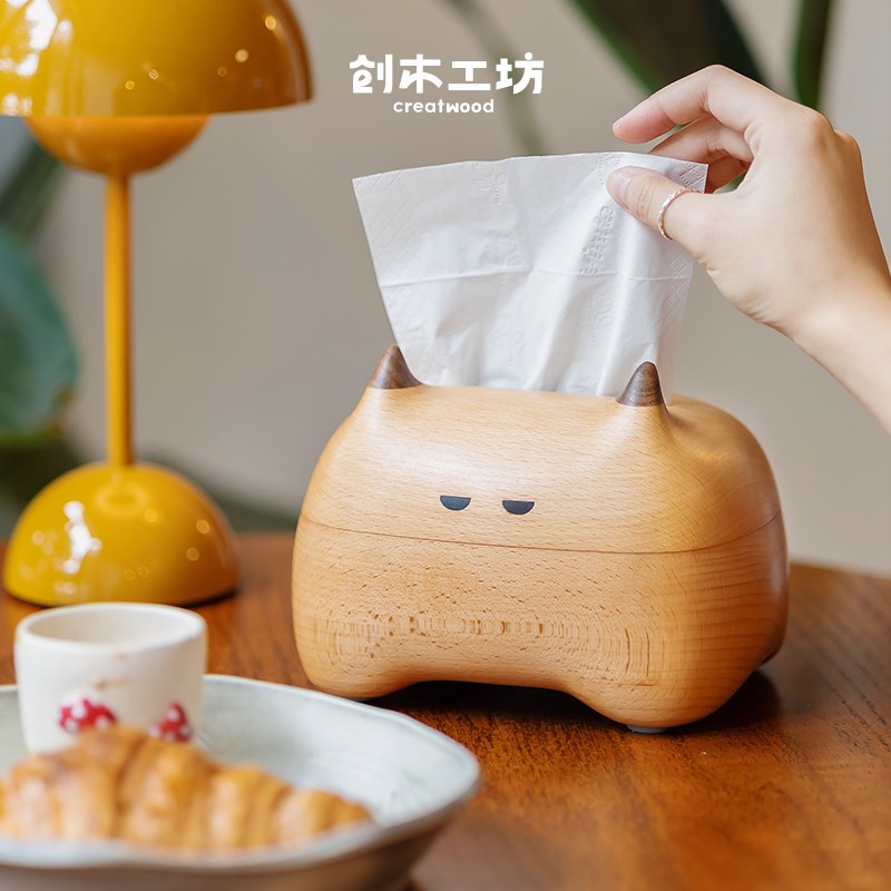 傲娇猫纸巾盒/创木工坊胡桃木质抽纸巾盒摆件儿童创意乔迁礼物