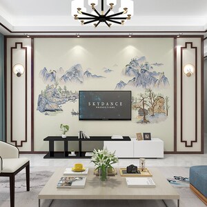 独绣刺绣壁布客厅电视悠然山居图沙发背景墙布新中式独秀山水画