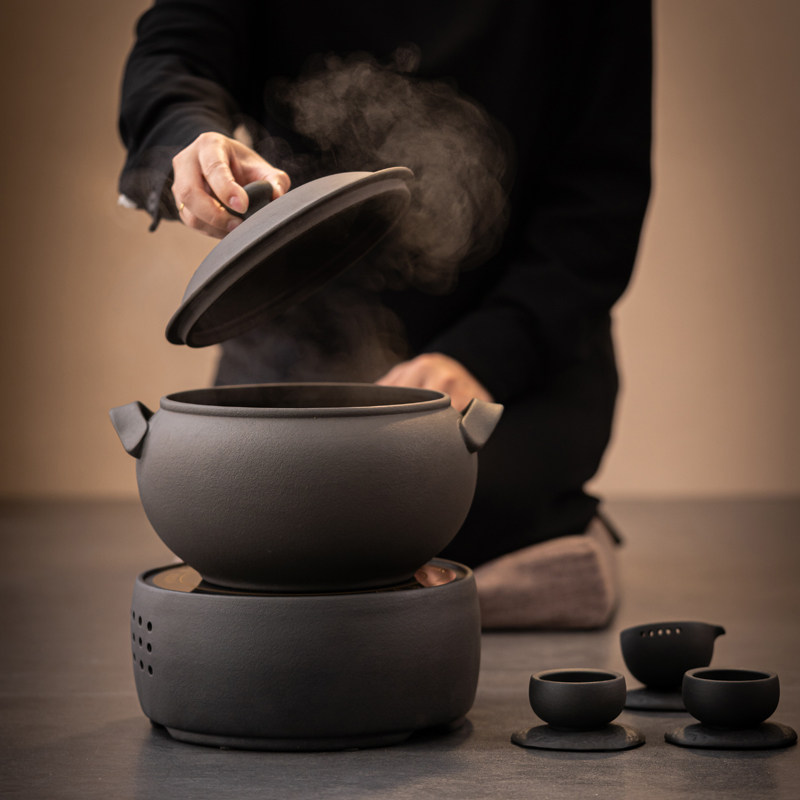 火山石煮茶釜大型煮茶壶新中式茶馆茶具商用电陶炉煮茶罐大容量