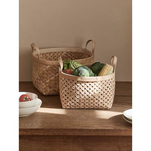 手工木片编织筐手提杂物收纳筐厨房篮子零食蔬菜水果桌面储物筐