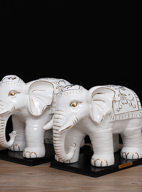 陶瓷大象摆件一对吸水招财白象家居客厅装饰办公室现代中式摆设