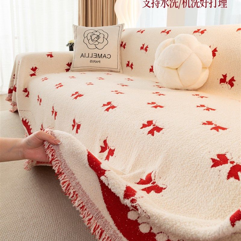 精选结婚喜庆沙发盖布秋冬毛绒新款沙发垫四季通用沙发盖毯红色沙