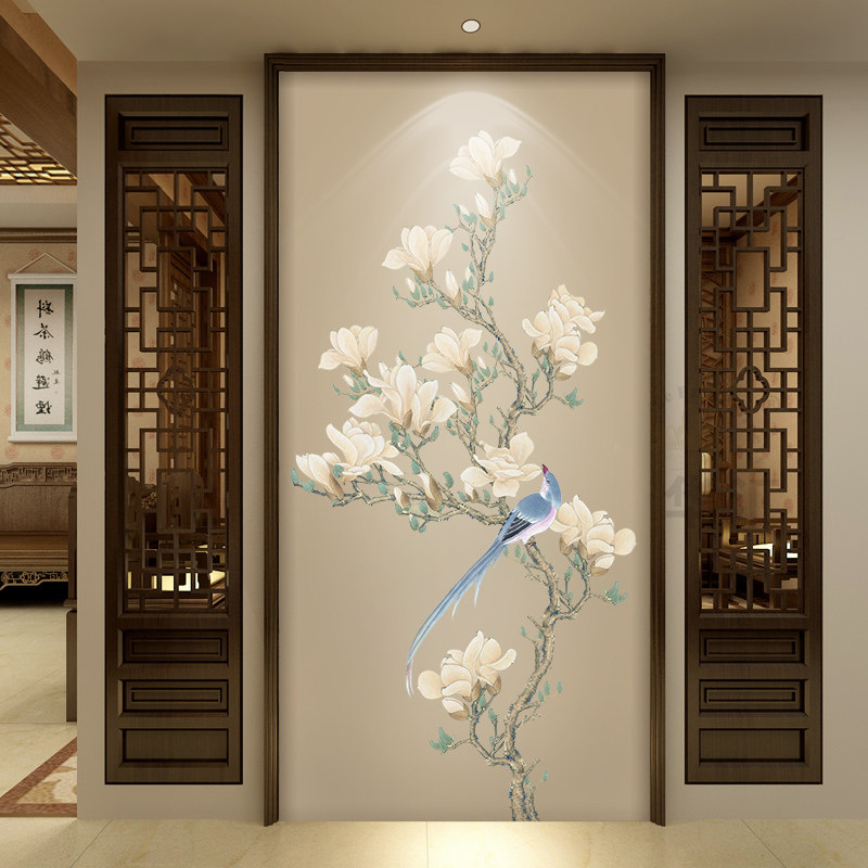 18d走廊玄关壁画玉兰花鸟壁纸新中式5d客厅电视背景墙纸无缝墙布