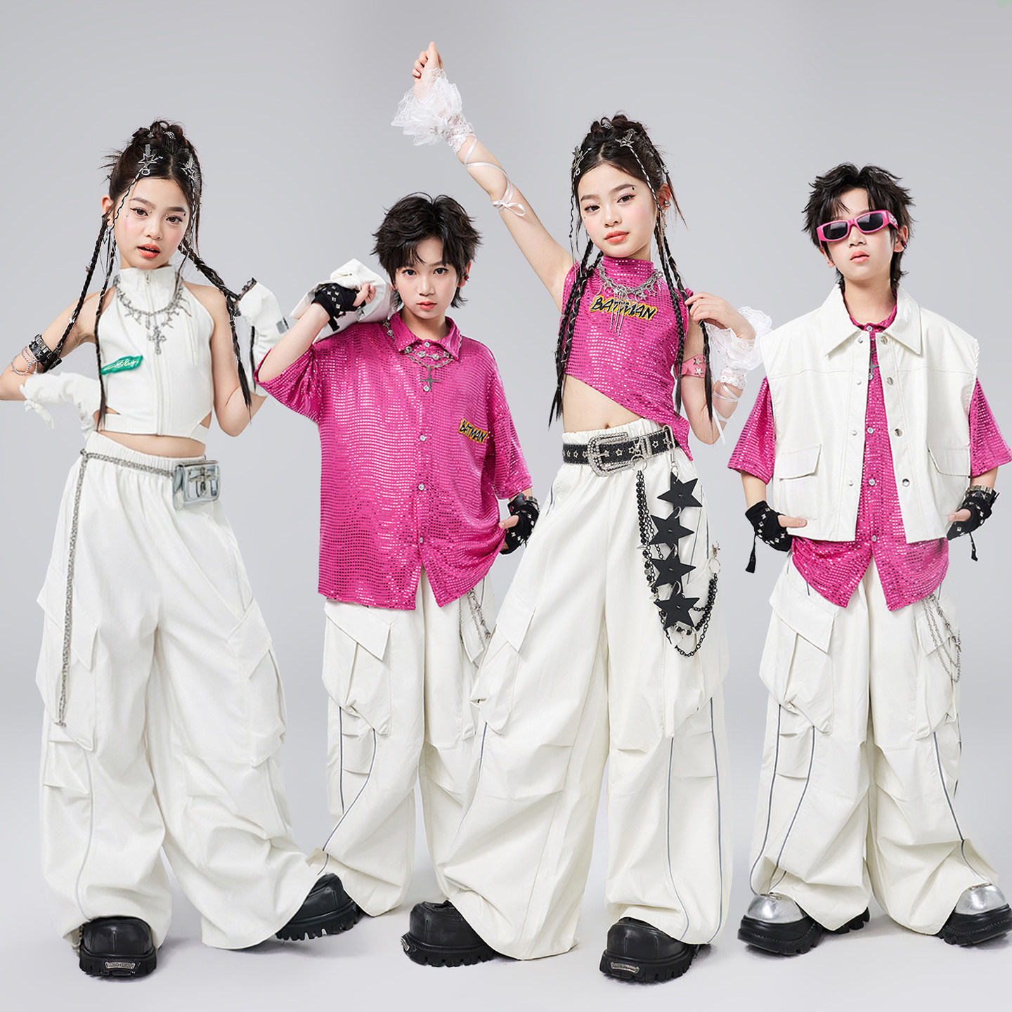 街舞儿童潮服白色皮衣女童爵士舞演出服幼儿jazz男童嘻哈潮流套装