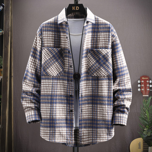 毛呢绒衬衫男长袖秋冬季潮流宽松休闲格子衬衣男士呢子外套1218e