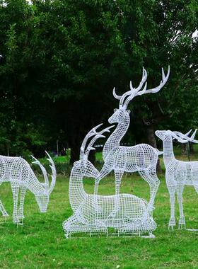 户外不锈钢镂空梅花鹿雕塑草坪公园林售楼部发光线条仿真动物摆件