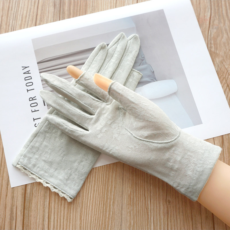 春夏新品女士棉质提花薄款半露指触屏开车遮阳吸汗透气短款手套