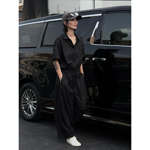 琴仔 时尚宽松显瘦工装连体裤女夏加长短袖收腰连身裤D5550