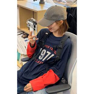 琴仔 美式复古休闲宽松假两件圆领长袖女时尚百搭印花上衣Y129