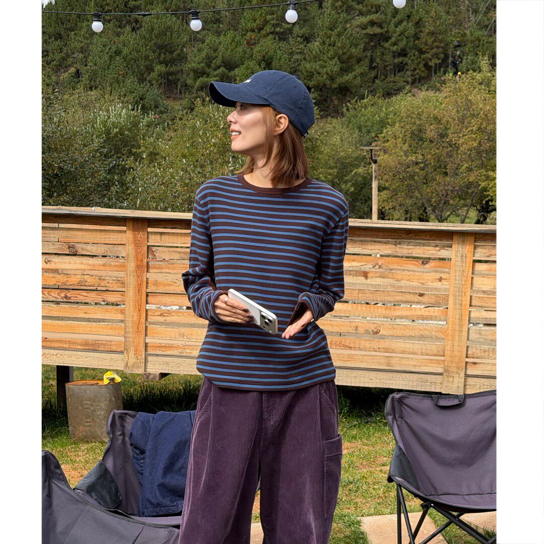 琴仔 复古撞色条纹宽松显瘦休闲长袖T恤女百搭圆领打底上衣Z1337