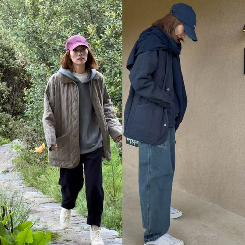 琴仔 茶绿色猎装菱格夹棉翻领外套秋冬保暖3M新雪丽棉棉服女Q536