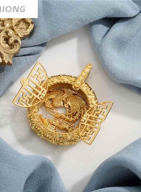 沙金凤凰吊坠黄铜古法挂坠国风双开门见喜圆镂空设计女项链毛衣链