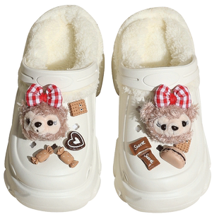 时慢洞洞鞋冬季加绒可拆卸女秋冬款黑色外穿女款增高加棉拖鞋毛绒