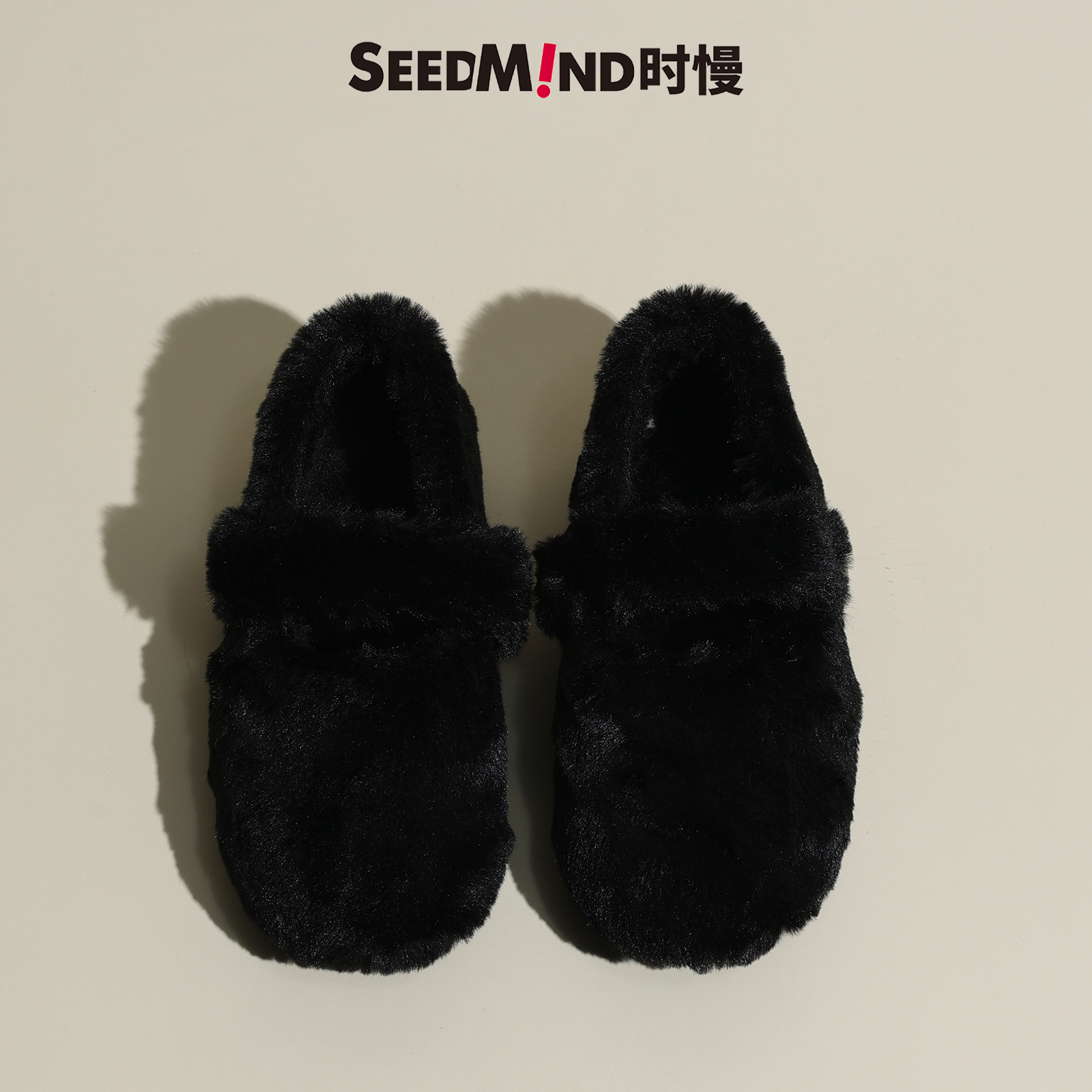 毛毛鞋女带跟外穿黑色法式气质