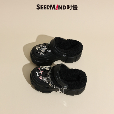 黑色加绒洞洞鞋冬可拆卸女链条