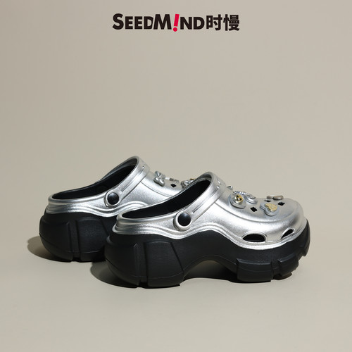 外穿厚底银色洞洞鞋朋克高端凉鞋