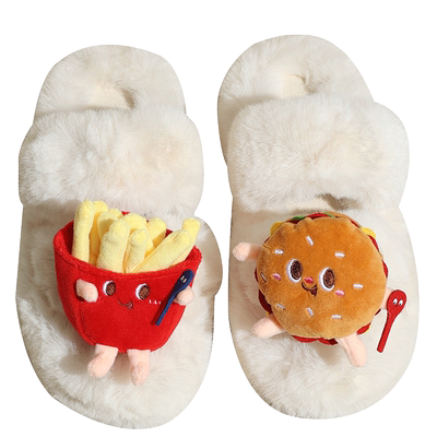 汉堡薯条厚底网红毛毛拖鞋