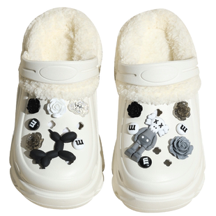 时慢加绒洞洞鞋冬款可拆卸外穿女秋冬季厚底毛毛鞋黑色棉拖鞋增高