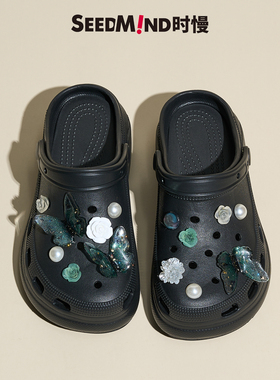 时慢coros洞洞鞋女款厚底松糕蝴蝶花朵上班外穿凉鞋女夏拖鞋黑色