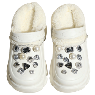 时慢冬季黑色保暖厚底增高加绒洞洞鞋冬款可拆卸软底女外穿棉拖鞋