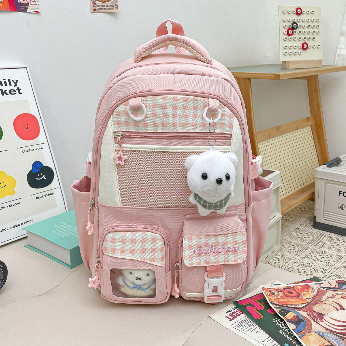 高颜值多巴胺少女格子双肩包校园初中高中学生书包女生大容量背包