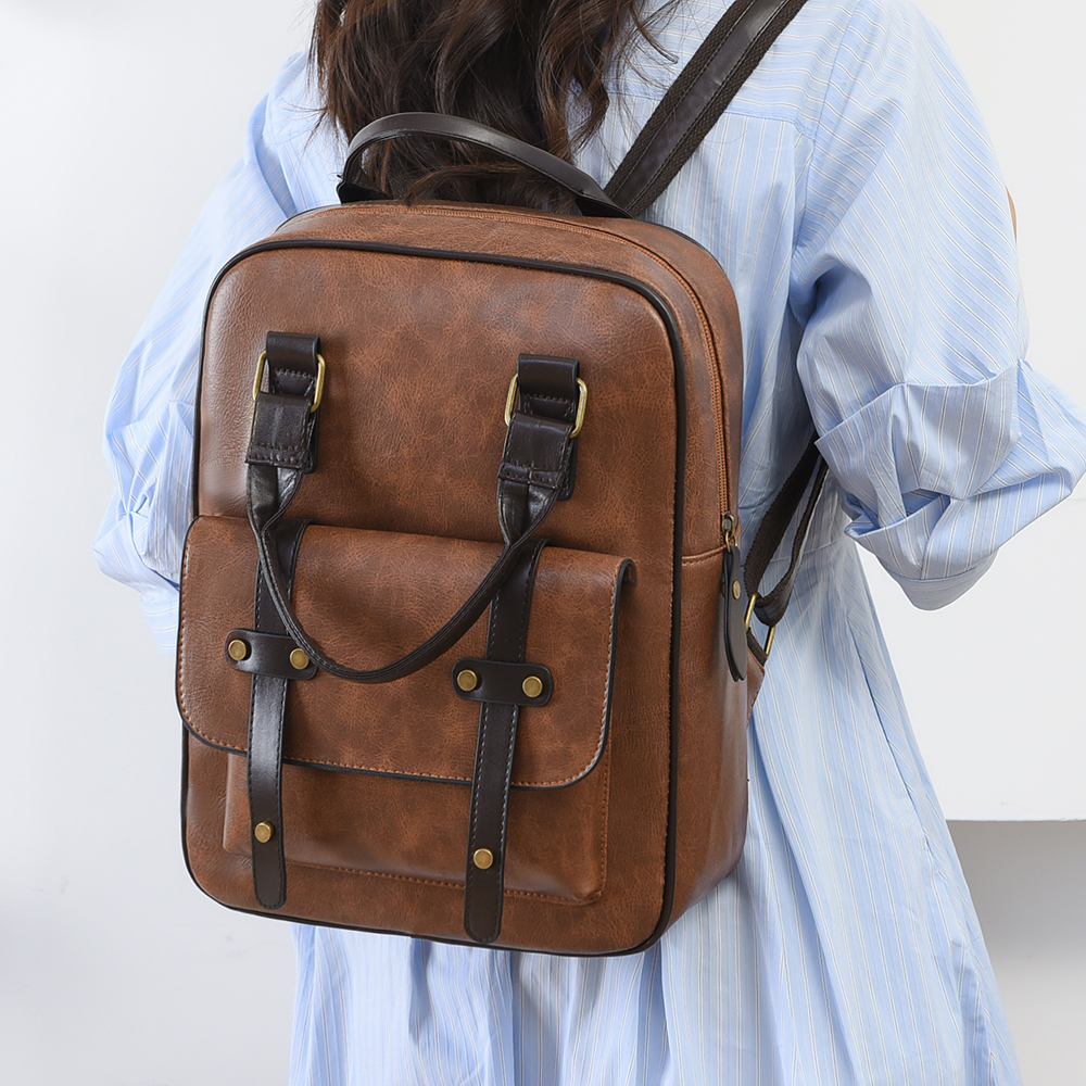 复古双肩包女2025新款气质通勤风棕色皮质大容量背包百搭学生书包