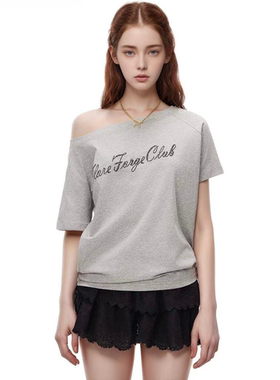 Flare Forge美式辣妹斜肩字母烫钻短袖T恤女夏季显瘦一字露肩上衣
