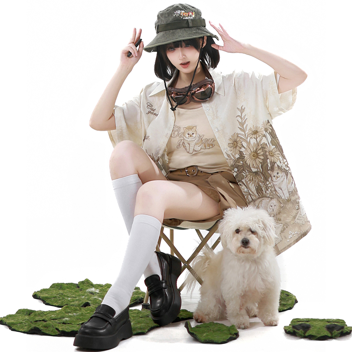 设计师的礼物原创猫咪团团汉服国风汉元素新中式衬衣吊带短裤套装