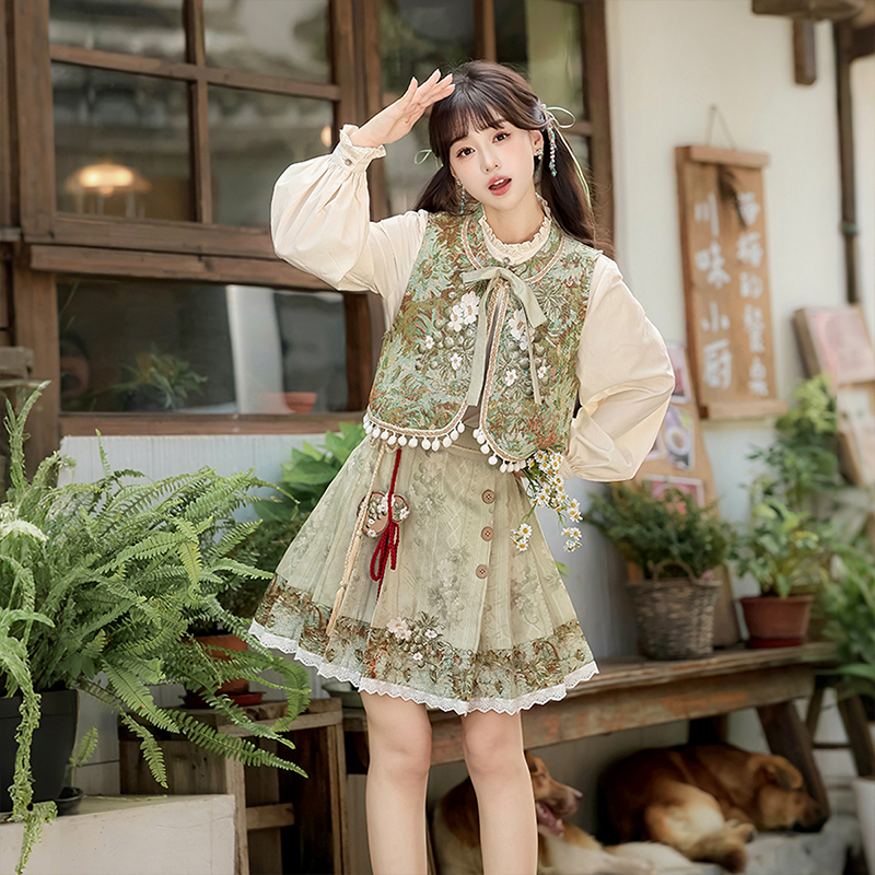 设计师的礼物原创秋络蔓语汉服国风汉元素新中式马甲上衣半裙套装