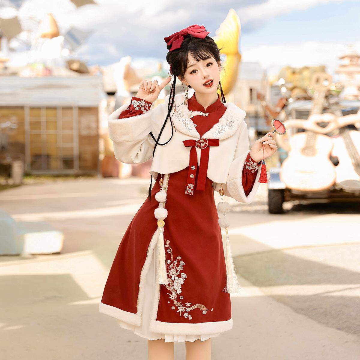 设计师的礼物原创祈春至新年战袍女新中式汉元素拜年服连衣裙套装