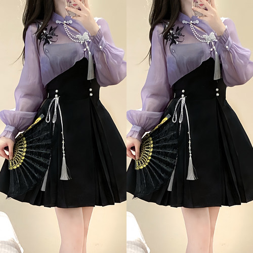 设计师的礼物原创鸢尾墨蝶汉服女中国风改良汉元素新中式春夏套装