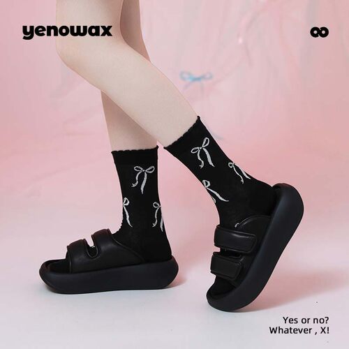 YNWX蝴蝶结新中式玻璃丝中筒袜子