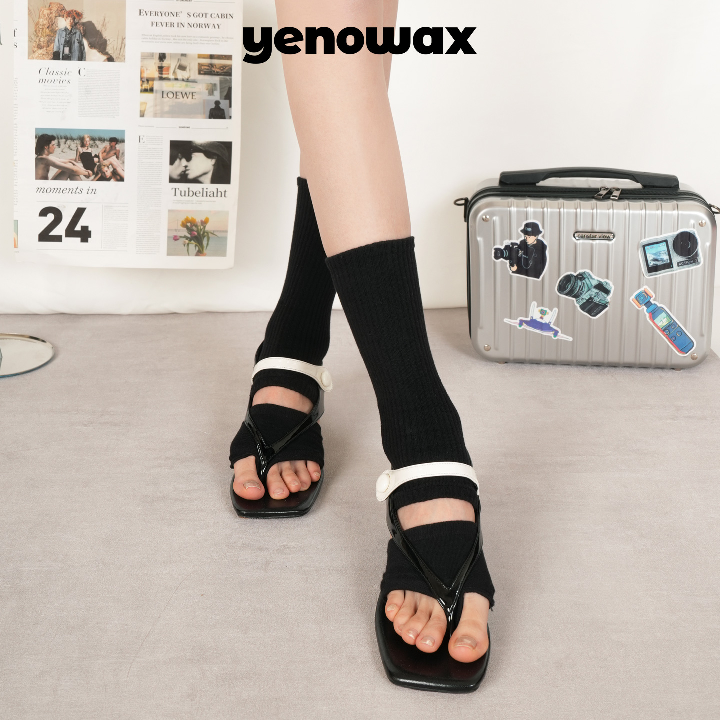 异能无限夏季半脚掌袜子女黑白色时尚防滑踩脚棉配人字拖袜套分趾