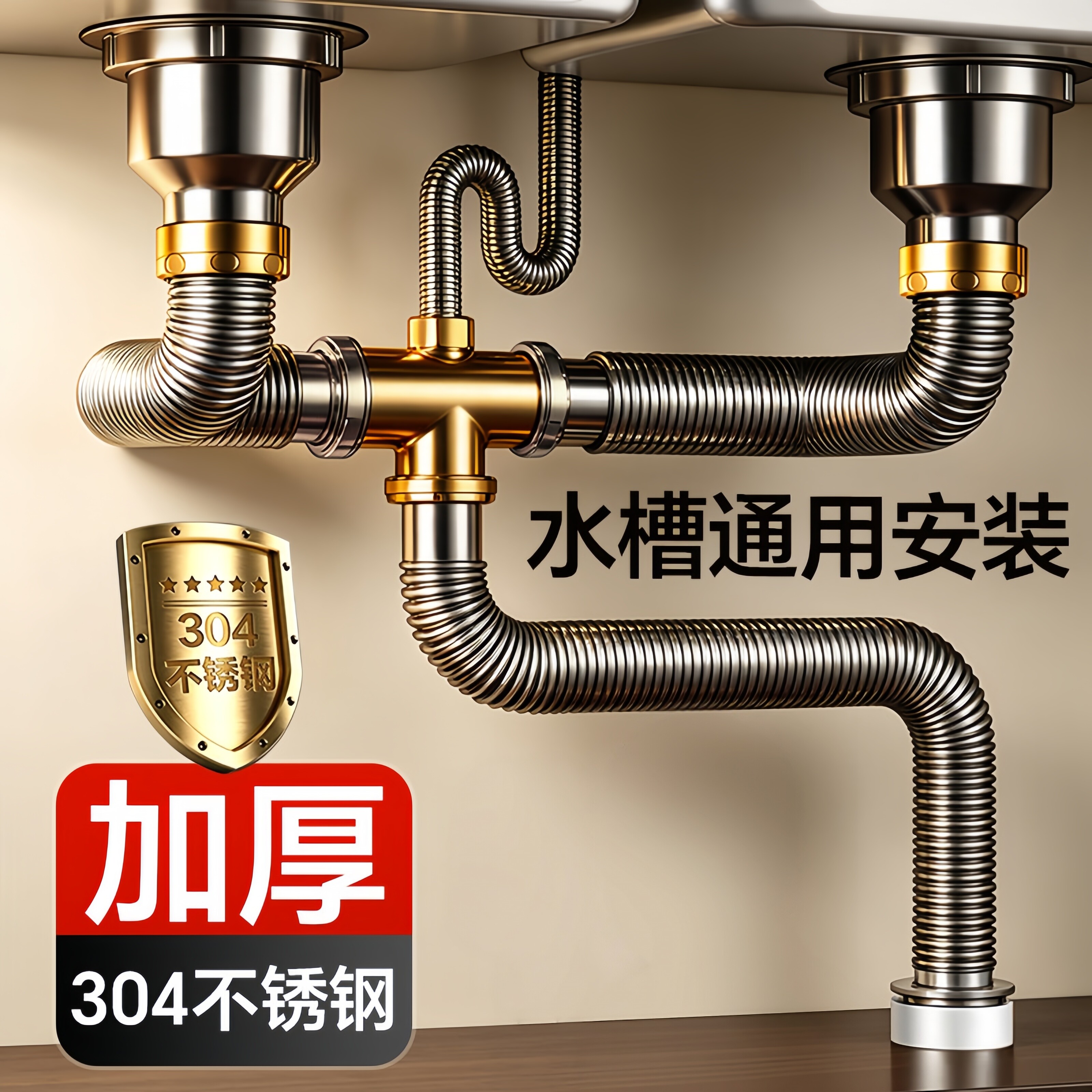 日本进口排水管不锈钢厨房洗菜盆水管配件水槽下水器防臭双槽全套