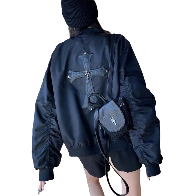 十字架重工拼皮刺绣飞行员棒球服女春秋小众时髦宽松情侣夹克外套