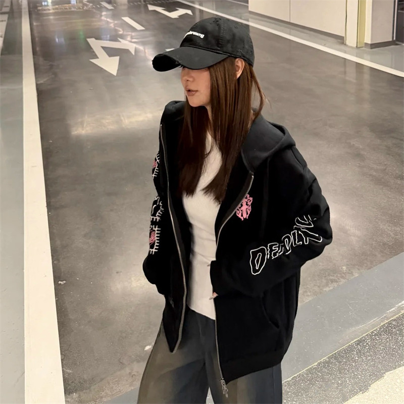 秋冬加绒宝剑补丁印花连帽卫衣女ins美式复古宽松慵懒情侣外套潮