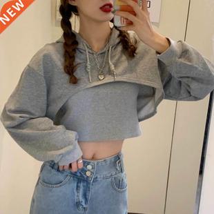 Women Cropped Hoodie Korean Clothing Solid Long Sleeve Loose