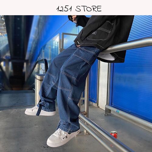 Men Jeans Cargo  jeans Wide Leg Denim Pant Loose Straight Ba