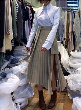 Spring 2020 Irregular Sashes Mid Calf Women Pleated Skirt Kh