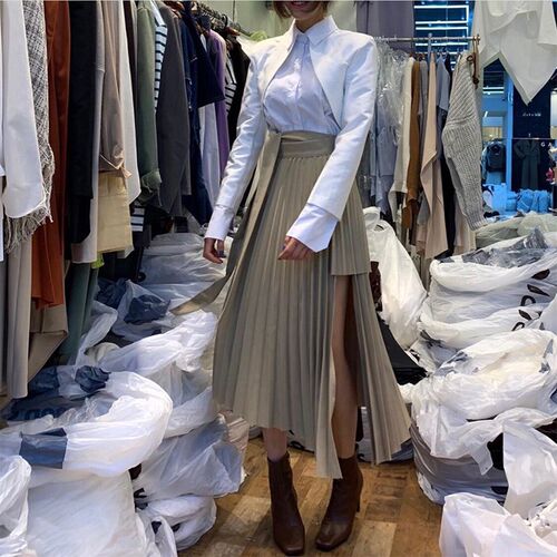 Spring 2020 Irregular Sashes Mid Calf Women Pleated Skirt Kh